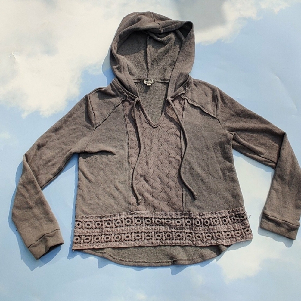 Crochet Pullover Hoodie, Grey Sweatshirt Hoodie Hippie Boho Hoodie